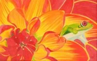 Art of a green frog on a red-orange flower by Deanna Christian