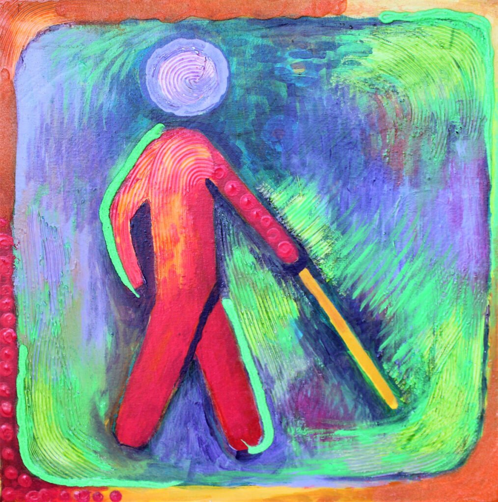 An artistic rendition of the Access symbol for blind or low vision individuals. The symbol typically depicts a person with a cane, which is represented here in an abstract form. The figure is portrayed with red and green lines and a white circular swirl representing the head. It is set against a lively background with a mix of blue, purple, and green brushstrokes, giving the impression of movement. The outer edges of the symbol have a thick, orange border with a row of red dots on the left side, adding to the artwork's vibrancy. This creative interpretation of the symbol transforms it from a standard icon into a colorful and expressive piece of art.