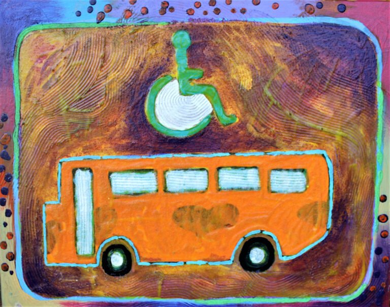 A colorful and stylized depiction of the Accessible Bus symbol. It shows a bright orange bus with blue and white highlights, and windows indicated by rectangles filled with a lighter blue. Above the bus, there's a white circular swirl representing the international symbol of access, typically used to denote wheelchair accessibility, which is shown here in green. The background consists of a warm, textured blend of browns and yellows, and the entire image is framed with a multicolored border featuring dots and lines in a variety of hues. This artistic representation transforms the standard symbol into a vibrant and engaging work of art, emphasizing the concept of accessibility in transportation.