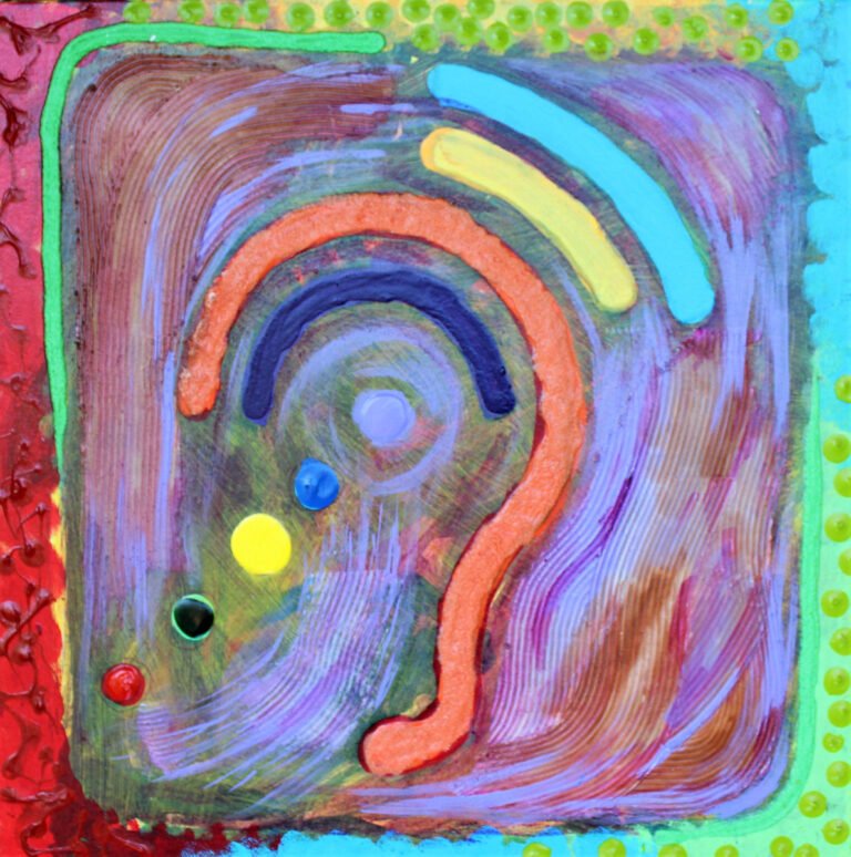 An artistic interpretation of the Assisted Listening Devices symbol. It features a stylized ear in the center, depicted in swirling patterns of orange and purple against a textured purple and brown background. Concentric arcs in blue and yellow suggest sound waves emanating from the center. Dotting the canvas are three colored circles in green, blue, and yellow, possibly representing buttons or control points. The whole image is bordered with a lively frame of alternating colors, with red on the left and a pattern of green dots on the right, adding to the visual impact of the symbol. This representation combines the functional aspect of the symbol with a creative and colorful expression.