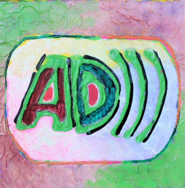 A creative painting representation of the Audio Description symbol. It features the letters "AD" in bold, stylized characters colored in shades of green and brown. To the right of the letters, there are several curved lines in black and green that resemble sound waves or signals. These elements are placed within a rectangle with a yellow outline on a textured background that transitions from light green at the top to a pale pink at the bottom. The artwork provides a visual interpretation of audio description services, often used to assist individuals who are blind or have low vision in understanding visual content in media or live performances. The color choice and texture add a playful and artistic dimension to the commonly recognized symbol.