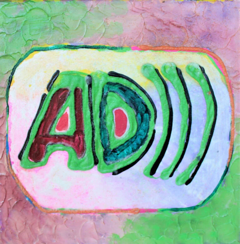 A creative painting representation of the Audio Description symbol. It features the letters "AD" in bold, stylized characters colored in shades of green and brown. To the right of the letters, there are several curved lines in black and green that resemble sound waves or signals. These elements are placed within a rectangle with a yellow outline on a textured background that transitions from light green at the top to a pale pink at the bottom. The artwork provides a visual interpretation of audio description services, often used to assist individuals who are blind or have low vision in understanding visual content in media or live performances. The color choice and texture add a playful and artistic dimension to the commonly recognized symbol.