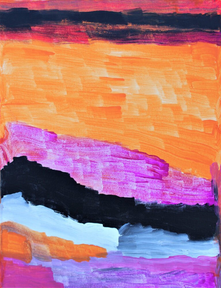 A painting "Autumn Ocean" by Shelly is an abstract piece that appears to draw inspiration from the vivid colors of autumn and the serene expanse of the ocean. Horizontal bands of color dominate the canvas, with a striking contrast between the warm oranges and reds at the top, which may suggest a sunset or autumn sky, and the cooler tones of black, white, and purple below, evoking the feeling of a body of water or the ocean's horizon. The broad, sweeping brushstrokes give the painting a sense of motion and fluidity, reminiscent of the natural movement found in both seascape horizons and the changing leaves of autumn. This piece beautifully merges these elements into a cohesive and emotive visual experience.