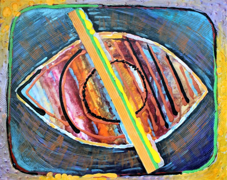 An artistic rendition of the symbol for blindness. The central figure resembles an eye, depicted with an abstract and stylized design using vibrant colors and dynamic brushstrokes. The eye is primarily in shades of orange and brown, with a prominent yellow vertical band that suggests a division or obstruction, symbolizing the lack of sight. The background consists of dark horizontal lines against lighter hues, which frame the eye symbol. Around the edge of the painting, there's a colorful border with a patchwork of textures and raised dot patterns, which enhances the theme of visual impairment. This creative interpretation of the blindness symbol is both visually striking and thought-provoking.