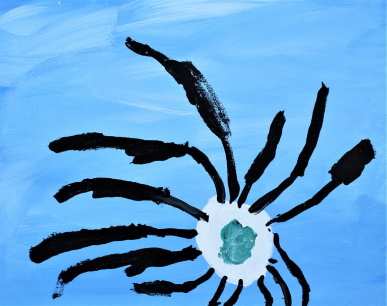 A painting "Bloom" by Pete portrays a striking image that could be interpreted as an abstract flower in full bloom. The central part of the flower is depicted in white with a dab of green and blue at the core, which might represent the pistil. Radiating from the center are bold, black brush strokes that create the petals or the radiating energy of the bloom. These petals are set against a sky blue background, which might suggest the flower is outdoors, basking in the open air. The contrast between the dark petals and the light background, as well as the energetic brushwork, gives the painting a dynamic and lively feel. This abstract representation captures the essence of a flower's bloom—its vibrancy and the life force it exudes.