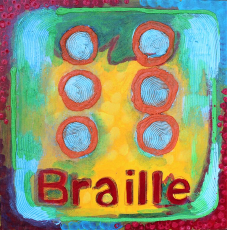 An artistic interpretation of the Braille writing system, which is used by people who are blind or have low vision to read and write through touch. The painting features six raised dots in two columns of three, the standard arrangement for a Braille cell. These dots are encircled in red, set against a vibrant yellow and green background that gradients from yellow at the bottom to green at the top. Below the Braille cells, the word "Braille" is in a bold red hue. The border of the painting has a textured pattern with red dots on the left side, adding to the tactile theme of the artwork. The entire composition is a colorful homage to the tactile language system.