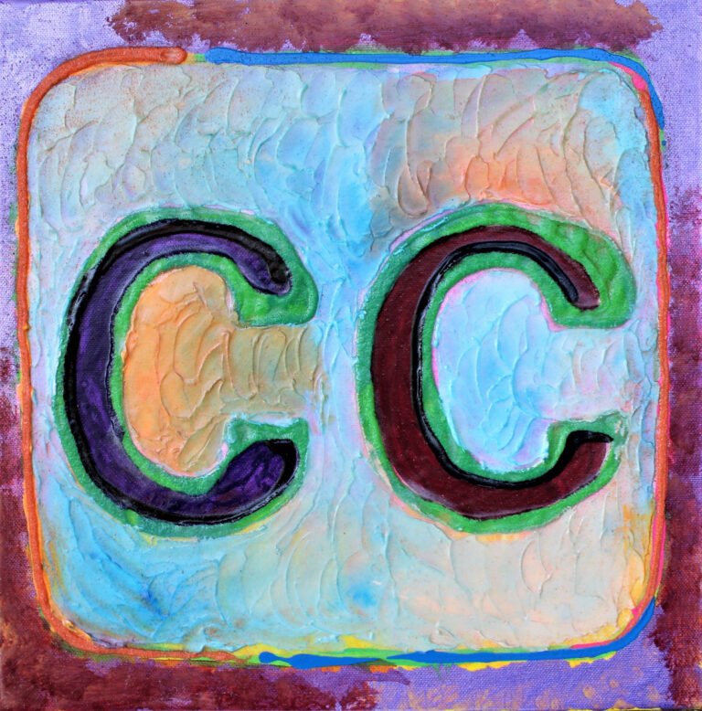 A colorful and textured representation of the Closed Captioning symbol, commonly recognized by the letters "CC." The two "C" letters are prominently displayed in the center in bold, with a green outline and filled with hues of purple and brown. The background is a blend of soft pastels, creating a marbled effect with gentle waves of color that transition from blues and greens to yellows and oranges. The border of the image has a multicolored outline with a touch of red on the upper left corner, and the bottom right corner features a splash of blue and yellow. This artistic take on the Closed Captioning symbol is both eye-catching and meaningful, highlighting the importance of accessibility in media.