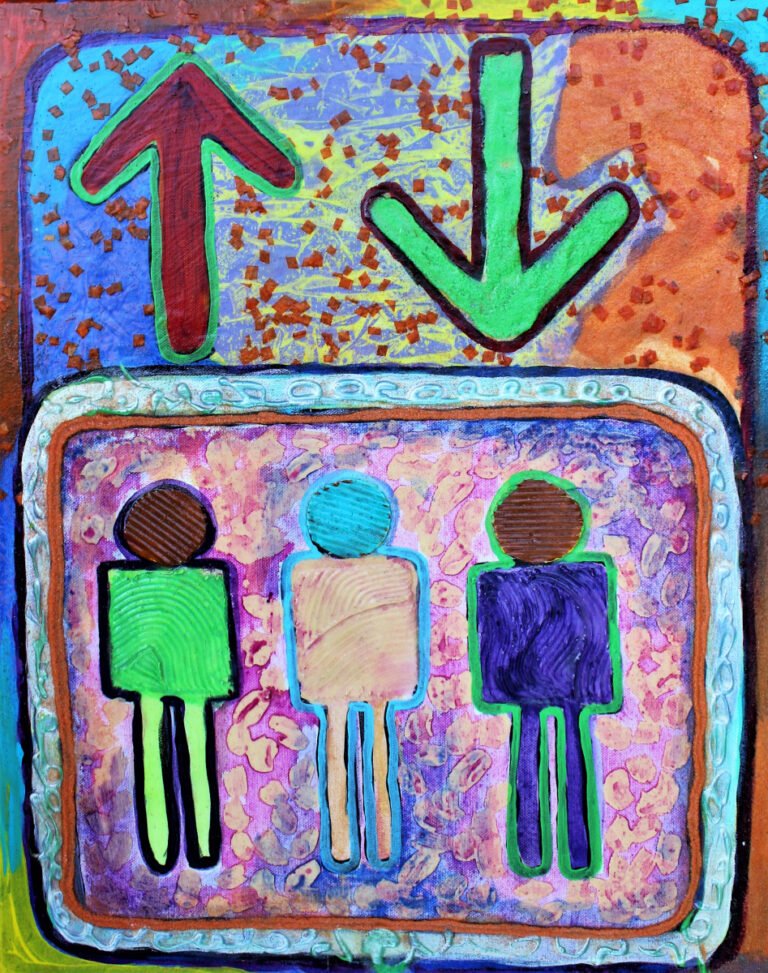 A vivid and abstract interpretation of an elevator symbol. It shows three stylized figures in green, beige, and blue, representing people waiting for or standing inside an elevator. Above the figures, two arrows point in opposite directions – one up in red and one down in green, symbolizing the elevator's capacity to ascend and descend. The background is a lively mosaic of purples, blues, and hints of yellow, with an intricate texture that suggests movement or energy. The border of the image is multicolored, with a dominant blue outline and a dotted pattern, which adds to the visual interest of the painting. This piece translates the functional elevator symbol into a piece of art full of color and character.