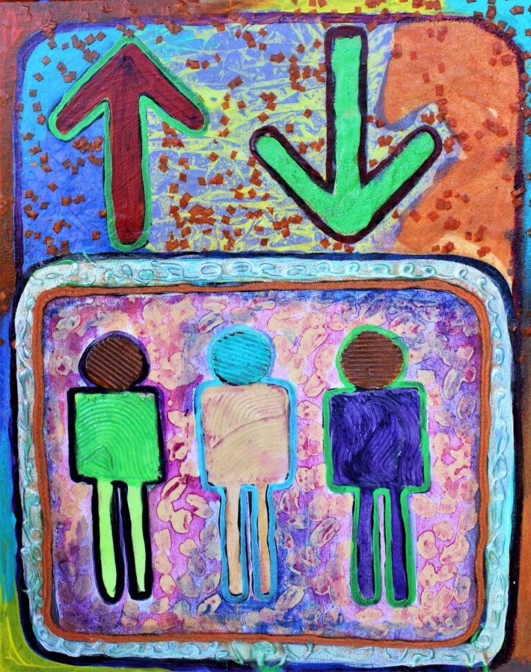 A vivid and abstract interpretation of an elevator symbol. It shows three stylized figures in green, beige, and blue, representing people waiting for or standing inside an elevator. Above the figures, two arrows point in opposite directions – one up in red and one down in green, symbolizing the elevator's capacity to ascend and descend. The background is a lively mosaic of purples, blues, and hints of yellow, with an intricate texture that suggests movement or energy. The border of the image is multicolored, with a dominant blue outline and a dotted pattern, which adds to the visual interest of the painting. This piece translates the functional elevator symbol into a piece of art full of color and character.