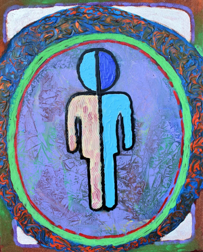 An artistic representation of the Hidden Disabilities symbol. It features a figure split in half color-wise, with one side painted in blue and the other side left in a beige natural tone, perhaps to reflect the unseen nature of some disabilities. The figure is placed in the center of concentric circles with a textured, multicolored border suggesting inclusivity and the encompassing nature of society. The background is a cool lavender with a frost-like texture that could signify the often invisible or unnoticed aspects of hidden disabilities. The outermost border of the image is a vibrant mix of colors, further highlighting the diversity and complexity surrounding the topic of hidden disabilities. The piece turns the concept of a symbol into a visually engaging narrative about awareness and recognition.