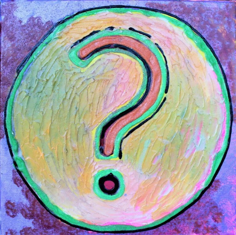 A stylized depiction of an information symbol. The '?' is portrayed in a swirling design with a gradient of warm colors ranging from yellows at the top to oranges and reds toward the bottom. The dot of the '?' is a centered green circle with a black outline, creating a focal point. The background of the circular symbol is textured in pastel shades, giving a tactile quality to the piece. Around the symbol is a thick border with alternating colors, suggesting a frame or seal. The overall composition appears on a backdrop with a mottled brown and grey texture, perhaps symbolizing the solid foundation of information. This artistic rendering of the information symbol combines the familiar iconography with a vibrant and expressive style.