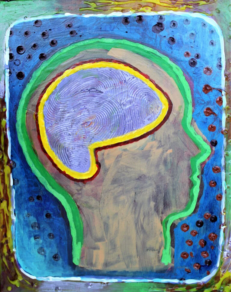 A colorful and expressive representation of an Intellectual Disability symbol. It features a profile of a human head, within which is a detailed depiction of a brain, illustrated by concentric, textured lines in shades of purple. The brain area is highlighted with a bright yellow outline, which transitions to red and green, symbolizing perhaps the complexity and multifaceted nature of intellectual abilities. The outer border of the symbol contains vibrant layers of blue and green, with a pattern of raised dots on either side, which could be interpreted as a representation of additional diversity or connectivity. The background of the image has a mix of colors, with a prominent area of blue on the right, which may represent a sense of calm or stability. This piece transforms the concept of an intellectual disability symbol into a thought-provoking work of art, emphasizing the depth and individuality of the mind.