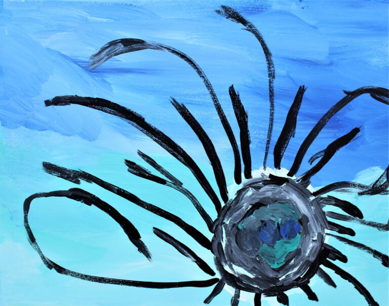 A painting "Nest" by Barbara features a central circular motif, possibly representing a bird's nest, rendered in a mix of grey, white, and hints of blue and green. The nest is surrounded by elongated black strokes radiating outward, which could be interpreted as twigs or branches of the nest structure. These strokes against the light blue background evoke a sense of expansion and natural growth. The dynamic lines suggest movement, as though the twigs are being arranged to create the nest. The choice of colors and the bold, expressive brushwork give the painting an abstract, yet organic feel, capturing the essence of a nest as a symbol of home and care in nature.