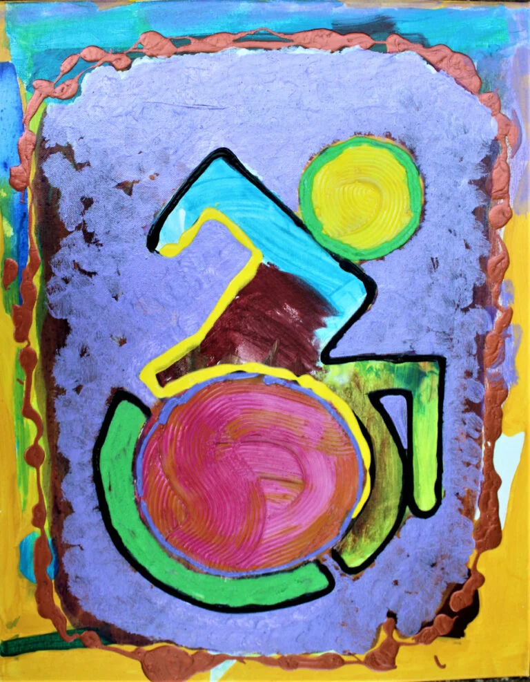 A colorful and abstract depiction of a new disability symbol. It features a central figure composed of various geometric and organic shapes in a range of colors, including a large pink circle and a blue shape that represents a person in a wheelchair or mobility device. The shapes are outlined in black, which gives them definition against the textured lavender background. The surrounding frame is yellow with a rippled brown border, adding to the painting's dynamic quality. This image reimagines the traditional disability symbol with a more modern and inclusive representation, highlighting the diversity and individuality within the disability community.