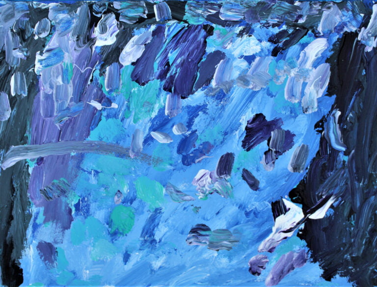 A painting "Ocean" by Darrell is a vibrant abstract that captures the dynamic essence of the sea. The composition is dominated by varying shades of blue, which could represent the water, highlighted by strokes of white and grey that might suggest the foam and spray of waves. Dashes of green add a touch of diversity to the color palette, perhaps indicative of marine life or vegetation. The dark tones at the top and bottom of the piece could be interpreted as the depths of the ocean or the night sky above. The use of thick, textured brushstrokes creates a sense of movement, mimicking the natural ebb and flow of the ocean's currents. This artwork conveys the power and beauty of the sea through its layered colors and energetic application of paint.