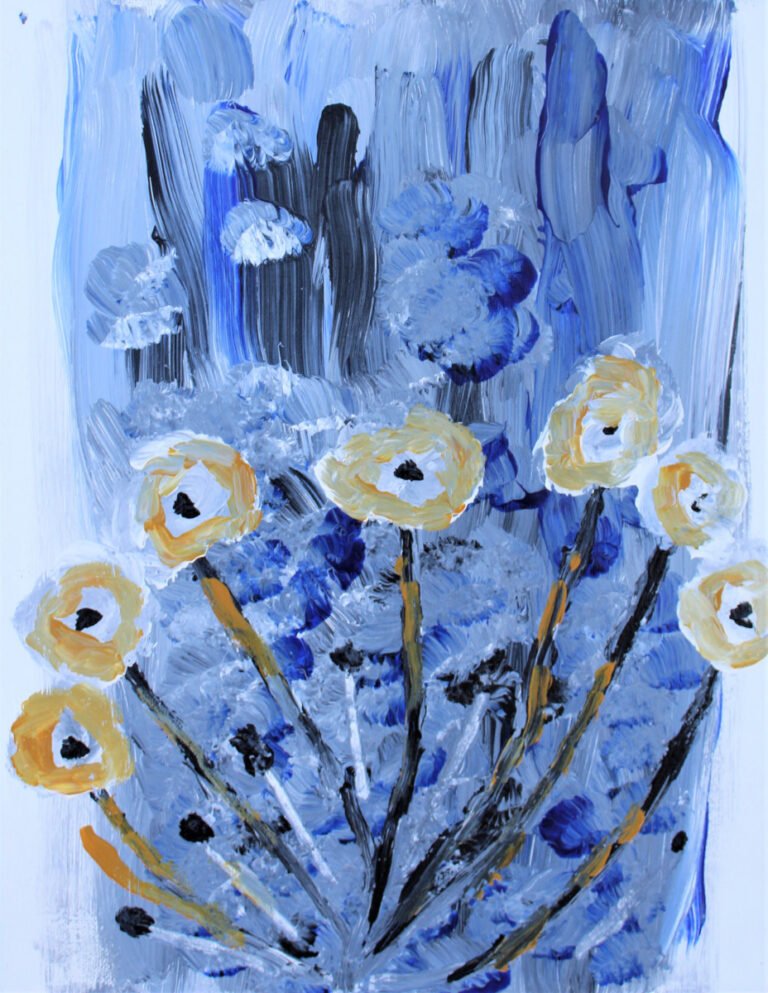 Artwork "Petals" by Danielle is a textural painting that uses a cool palette of blues and whites to create a floral scene. The flowers appear to be in two main colors: blue and yellow, with the blue blooms being more dominant in the upper half and the yellow ones gathered at the bottom. The flowers are painted with thick, impasto brushstrokes that add depth and dimension to the petals. The background is a stark white that transitions into shades of blue, possibly to represent the sky or a contrasting backdrop. The black centers of the yellow flowers and the dark stems provide a visual anchor for the composition, contrasting sharply with the lighter colors. This painting captures the essence of a blooming garden with a lively and textured approach.