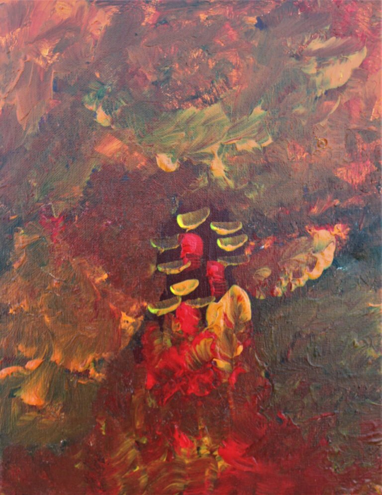 A painting "Pretty" by Kelsey is an abstract piece with a rich, warm palette primarily consisting of reds, yellows, and hints of green. The brushwork is expressive and textured, with strokes that swirl and blend together to create depth and movement. Amidst the abstract background, there is a central figure or motif that seems to be highlighted with brighter colors, possibly an organic or floral form, given the hints of petal-like shapes and a stem or central axis. The artwork conveys a sense of warmth, passion, and perhaps a feeling of growth or blooming, which the title "Pretty" might reflect as an appreciation of beauty in abstraction.