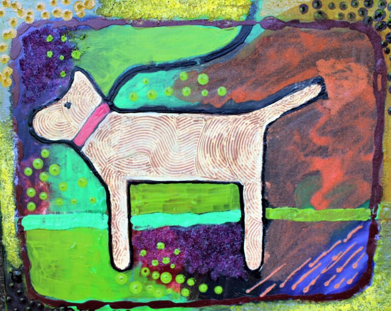 An artistic interpretation of a Service Dogs Allowed symbol. It features the profile of a dog drawn in a stylized manner, with a prominent tan and brown color palette and textured lines suggesting fur. The dog wears a pink collar, indicating its role as a service animal. The background is divided into colorful abstract sections with green, purple, and blue hues, and it includes patterns of dots, possibly representing a welcoming and inclusive environment for service animals. The entire composition is surrounded by a dotted border, adding to the symbol's sense of friendliness and accessibility. This image conveys that service dogs are welcome in the space, and does so with a creative and visually engaging design.