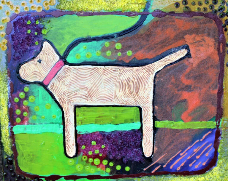 An artistic interpretation of a Service Dogs Allowed symbol. It features the profile of a dog drawn in a stylized manner, with a prominent tan and brown color palette and textured lines suggesting fur. The dog wears a pink collar, indicating its role as a service animal. The background is divided into colorful abstract sections with green, purple, and blue hues, and it includes patterns of dots, possibly representing a welcoming and inclusive environment for service animals. The entire composition is surrounded by a dotted border, adding to the symbol's sense of friendliness and accessibility. This image conveys that service dogs are welcome in the space, and does so with a creative and visually engaging design.