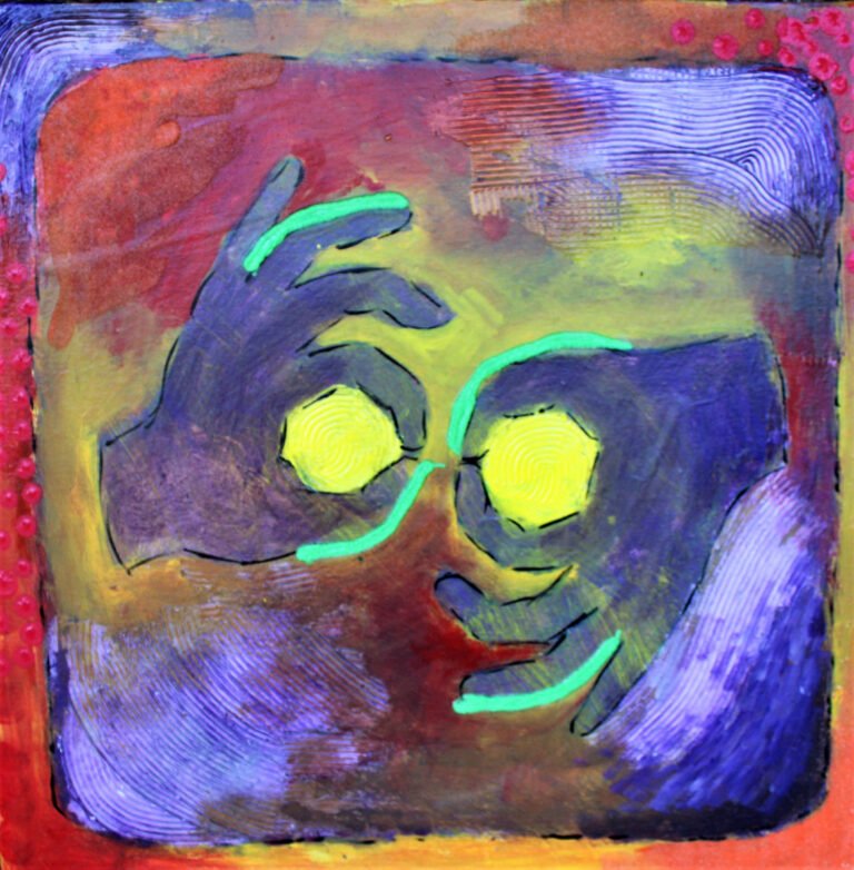 A stylized representation of a Sign Language Interpretation symbol. It features two hands in a gestural pose against a colorful abstract background. The hands are outlined in green, with vibrant yellow at the center of each palm, possibly symbolizing communication or the act of signing. The background blends various hues including purples, blues, and reds, with a textured appearance that adds depth to the composition. The border of the image is framed with a pattern of red dots, which may represent the connection between sign language and the spoken word. This artwork creatively expresses the importance of sign language as a means of communication for the Deaf and hard of hearing community, highlighting its significance with bright, contrasting colors and dynamic forms.