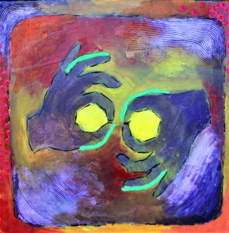 A stylized representation of a Sign Language Interpretation symbol. It features two hands in a gestural pose against a colorful abstract background. The hands are outlined in green, with vibrant yellow at the center of each palm, possibly symbolizing communication or the act of signing. The background blends various hues including purples, blues, and reds, with a textured appearance that adds depth to the composition. The border of the image is framed with a pattern of red dots, which may represent the connection between sign language and the spoken word. This artwork creatively expresses the importance of sign language as a means of communication for the Deaf and hard of hearing community, highlighting its significance with bright, contrasting colors and dynamic forms.