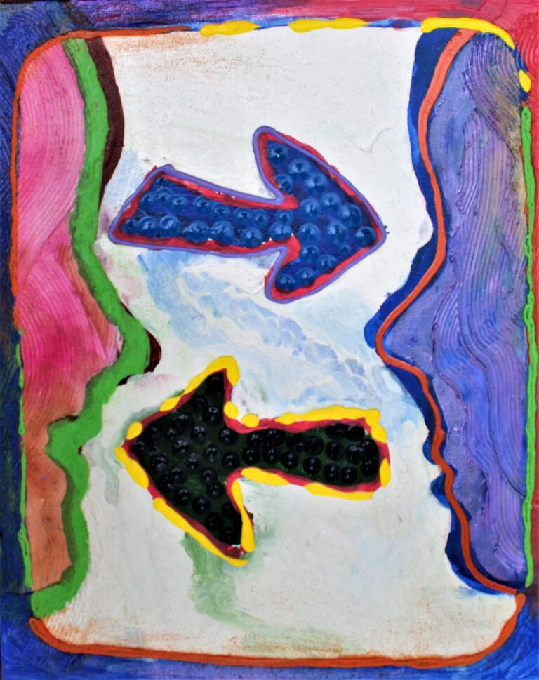 An abstract interpretation of a Speech Communication symbol, featuring two arrows with raised, bubble-like textures, suggesting the exchange of ideas or conversation. The upper arrow points to the left and is colored in dark blue, while the lower arrow points to the right and is filled with black, both outlined with a bright red and yellow edge, indicating dynamic interaction. The background is a soft blend of whites and blues, providing a calm backdrop to the bold arrows. The composition is framed with a multicolored border, further emphasizing the theme of communication with its diversity of colors. This symbolic artwork conveys the concept of speech and dialogue through its use of directional shapes and contrasting colors.