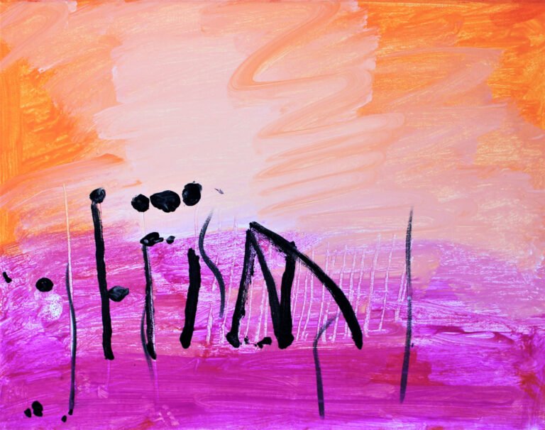 Painting titled "Sunset Flowers" by Devin is an abstract creation that features vivid, warm hues of orange and pink that blend to suggest a sunset. Against this vibrant background, there are black forms that appear to be stylized representations of flowers or plants. These forms are depicted with a combination of lines and dots, creating an impression of simplicity and spontaneity. The artwork conveys a feeling of a sunset scene in an abstract, non-literal way, focusing on color and form rather than detailed representation.