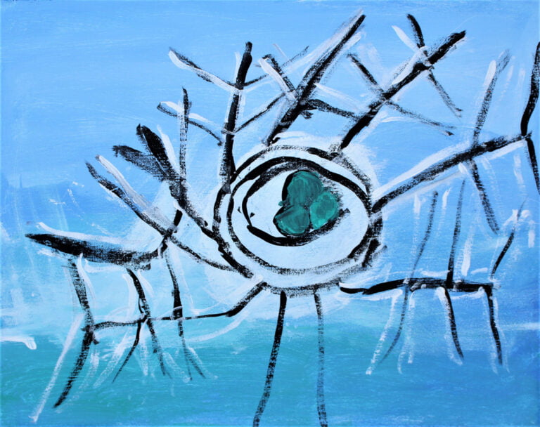 Painting titled "The Alien" by Patricia is an abstract painting that features a central circular form resembling an eye, with a green figure placed within it that may represent the pupil or an alien being. The eye is composed of bold, black brush strokes that radiate outward against a cool, blue background, creating a stark contrast. The strokes give the impression of movement, suggesting the eye is intense and watchful. The overall composition is dynamic, with a sense of energy radiating from the central figure.