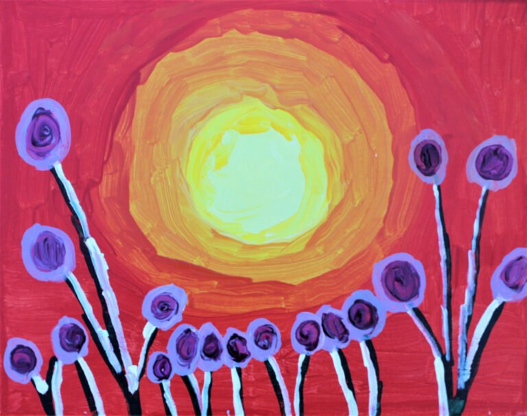 A painting "Valley" by Mike features a series of purple, circular flower-like forms on slender black stems, set against a vibrant background of warm colors. The background transitions from a deep red to an orange and yellow center, reminiscent of a sunset or a bright, radiant sun. The purple flowers stand out against this backdrop, perhaps symbolizing the beauty of nature in contrast to the fiery sky. The style is expressive and stylized, with the flowers and sun depicted in a way that emphasizes color and form over realistic detail. This piece may evoke a sense of warmth, energy, and the simple beauty of a flower-filled valley under a sunset sky.