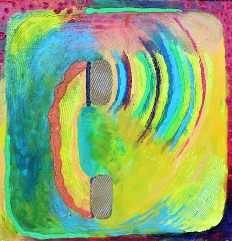 A Volume Control Telephone symbol. It features a stylized telephone receiver with a green outline and a yellow interior. The receiver appears to have a raised, textured surface, indicating its tactile nature. The background consists of colorful abstract patterns with shades of green, blue, and yellow, suggesting the idea of communication and sound. This artistic interpretation creatively conveys the concept of volume control on a telephone while adding a visually engaging and dynamic element to the symbol.