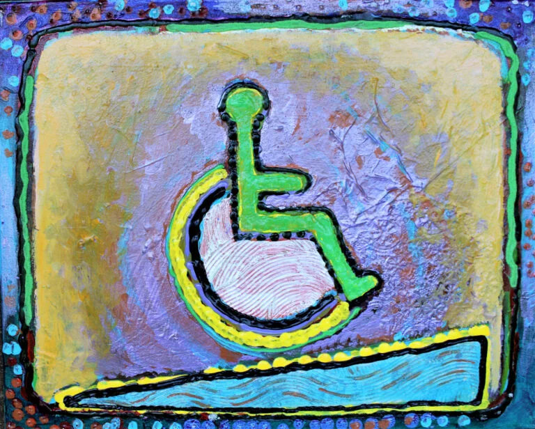 A textured and colorfully outlined artistic rendering of the International Symbol of Access. It shows a stylized figure seated in a wheelchair, marked in a bold green color against a textured yellow background. Below the wheelchair, there is a stylized depiction of a ramp in blue, suggesting accessibility. The entire image is framed with a border that includes various textures and dot patterns, enhancing its artistic flair. The symbol is commonly recognized and used to indicate facilities that are accessible to individuals who use wheelchairs or have other mobility needs.