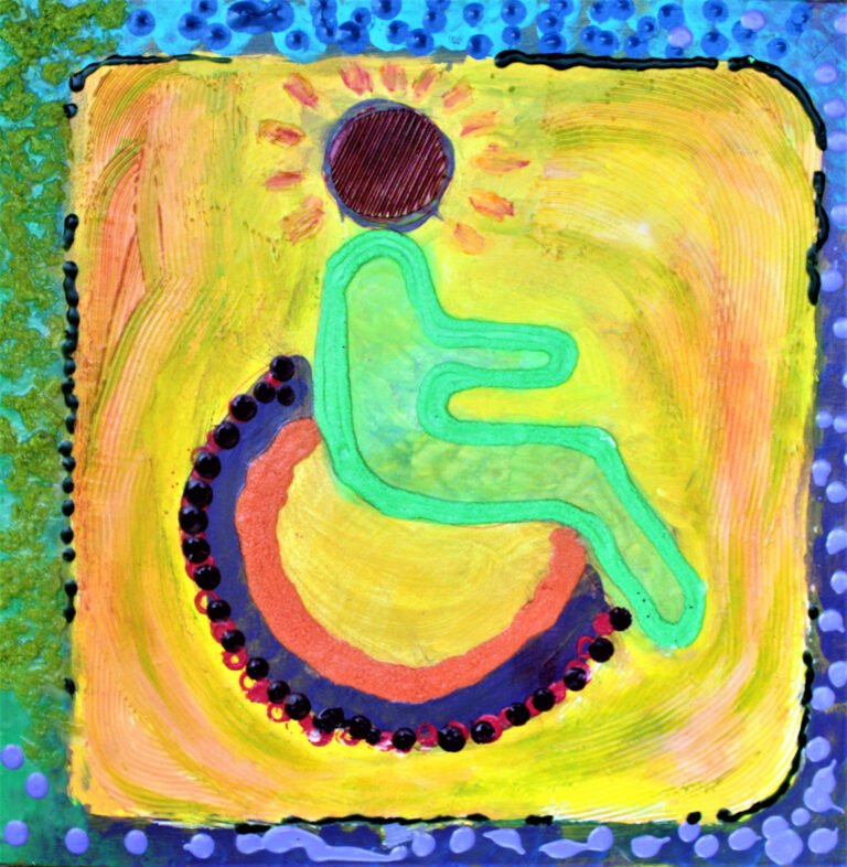 A colorful and artistic interpretation of the wheelchair accessibility symbol. It shows a stylized figure seated in a wheelchair, rendered in green against a vibrant yellow background with textured strokes. Above the figure, there is an illustration of a sun with rays, which seems to symbolize brightness and positivity. The border of the image is decorated with patterns and dots in various colors, contributing to the image's playful and creative feel. This symbol is commonly used to indicate that an area is accessible for individuals who use wheelchairs or have other mobility impairments.
