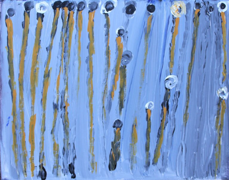 A painting "Yellow Flowers" by Doug appears to abstractly depict a field of flowers using vertical strokes of yellow and gray against a pale blue background. The yellow strokes are bold and vibrant, standing out on the canvas, possibly representing the petals or the sunlit parts of the flowers, while the gray and black strokes could suggest the shadows or stems. The white and lighter gray touches might depict the light reflecting off the flowers or the surrounding air. The artwork conveys a sense of a breezy field with flowers swaying in the wind, captured in a non-traditional, impressionistic style.