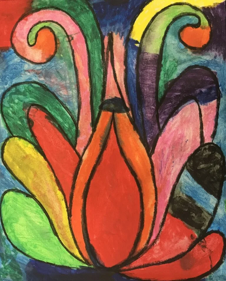 A painting that features a vibrant, colorful abstract artwork that seems to depict a stylized floral scene. Bold, swirling lines and shapes come together to form what appears to be a central flower, with petals in shades of red, yellow, and green. Spiraling patterns in green and pink add a dynamic sense of movement. The use of bright, contrasting colors creates a lively and joyful composition. The flower is set against a dark blue background, which may represent the night sky or simply serve to make the colors of the flower stand out more vividly. The overall effect is one of playfulness and creative expression, typical of abstract art that invites personal interpretation.