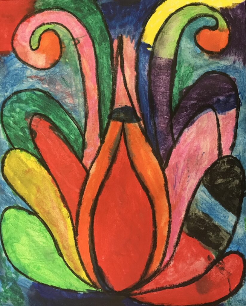 A painting that features a vibrant, colorful abstract artwork that seems to depict a stylized floral scene. Bold, swirling lines and shapes come together to form what appears to be a central flower, with petals in shades of red, yellow, and green. Spiraling patterns in green and pink add a dynamic sense of movement. The use of bright, contrasting colors creates a lively and joyful composition. The flower is set against a dark blue background, which may represent the night sky or simply serve to make the colors of the flower stand out more vividly. The overall effect is one of playfulness and creative expression, typical of abstract art that invites personal interpretation.