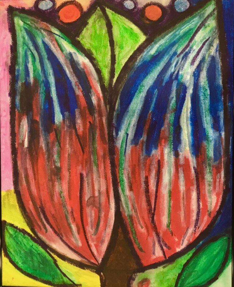 This painting is an stylised representation of a flower, depicted with a symmetrical arrangement of elongated petals in red and blue, converging towards a central point. These petals are delineated with dark outlines, creating a bold contrast against the vibrant colors. The dark background enhances the luminosity of the colors used for the petals, making the floral depiction stand out. This creative approach to portraying a flower results in a striking and energetic image that captures the essence of a flower's natural beauty through an abstract lens.