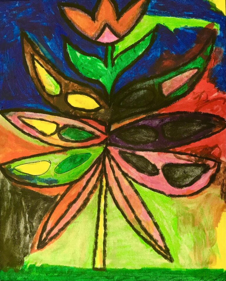 This painting is a vivid, colorful piece of artwork that presents a stylized, abstract representation of a plant or flower. The composition is segmented into different color blocks, with the central figure showcasing a variety of patterns and shapes reminiscent of leaves and petals. The color palette is bold and varied, featuring greens, yellows, oranges, pinks, purples, and a deep blue that forms the backdrop. This background contrasts with the warmer colors, making them stand out prominently. The overall style is expressive, with a strong use of line to define the forms, and the playful use of color suggests a sense of whimsy and imaginative interpretation of natural forms.