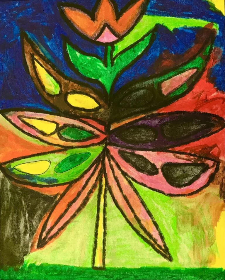 This painting is a vivid, colorful piece of artwork that presents a stylized, abstract representation of a plant or flower. The composition is segmented into different color blocks, with the central figure showcasing a variety of patterns and shapes reminiscent of leaves and petals. The color palette is bold and varied, featuring greens, yellows, oranges, pinks, purples, and a deep blue that forms the backdrop. This background contrasts with the warmer colors, making them stand out prominently. The overall style is expressive, with a strong use of line to define the forms, and the playful use of color suggests a sense of whimsy and imaginative interpretation of natural forms.