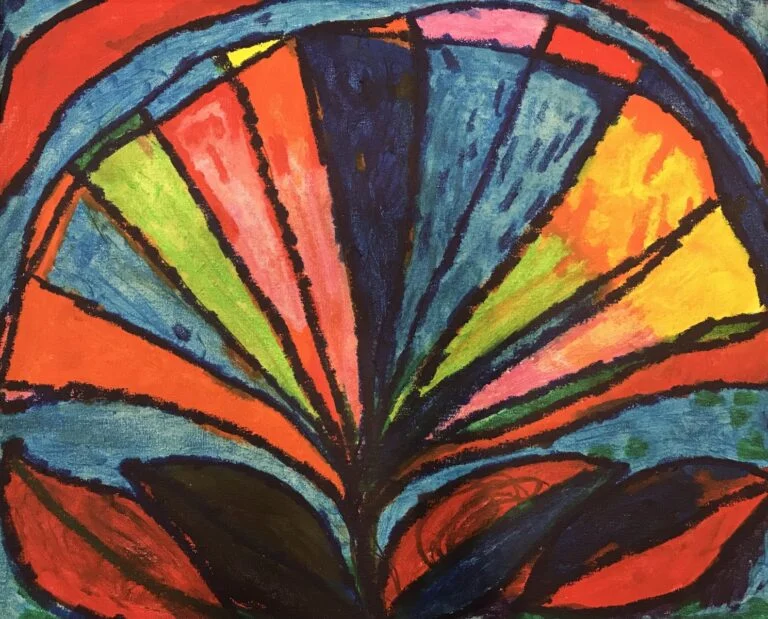 This painting is a vivid, abstract painting that features a fan-like array of colorful strokes converging towards a single point at the bottom of the canvas. The strokes radiate outwards in a variety of warm hues—reds, oranges, yellows, with touches of green and blue creating a sense of dynamic movement. The bold black outlines define each segment, enhancing the visual impact of the colors and lending a stained-glass effect to the work. The painting exudes a sense of energy and could be interpreted as an abstract representation of a sunrise or an explosion of light and color. The overall composition is rich and exuberant, with a strong sense of organic growth and vitality.