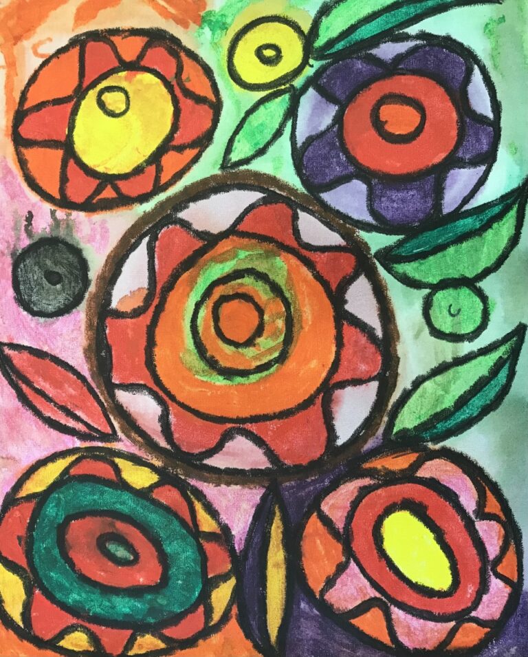 A vibrant painting and colorful artwork that depicts a series of flowers drawn in a bold, outlined style. Each flower features concentric circles with varying color combinations, creating a sense of depth and texture. The background is filled with pastel shades that contrast with the vivid colors of the flowers, giving the composition a lively and dynamic feel. The leaves and stems are depicted in a stylized manner with simple shapes and lines, contributing to the overall whimsical and cheerful aesthetic of the image.