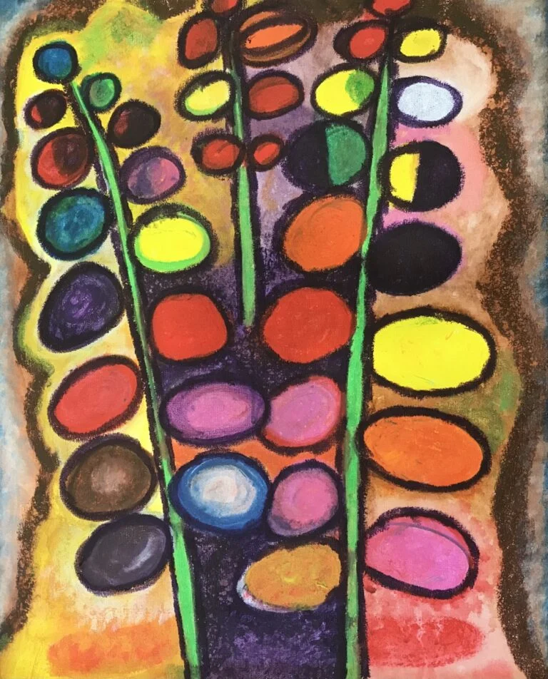 A painting that portrays an abstract composition reminiscent of flowers or plant forms made up of colorful circular shapes on vertical green stems. The circles are in various sizes and colors, suggesting diversity and perhaps the different stages of a plant's growth or blooming flowers. The background is textured with a mix of warm and cool tones that could represent the soil or a garden bed in which these plants are growing. The overall effect is whimsical and playful, with a focus on color and shape rather than realistic representation. This artwork might evoke feelings of joy and the beauty of a garden in a stylized and imaginative way.