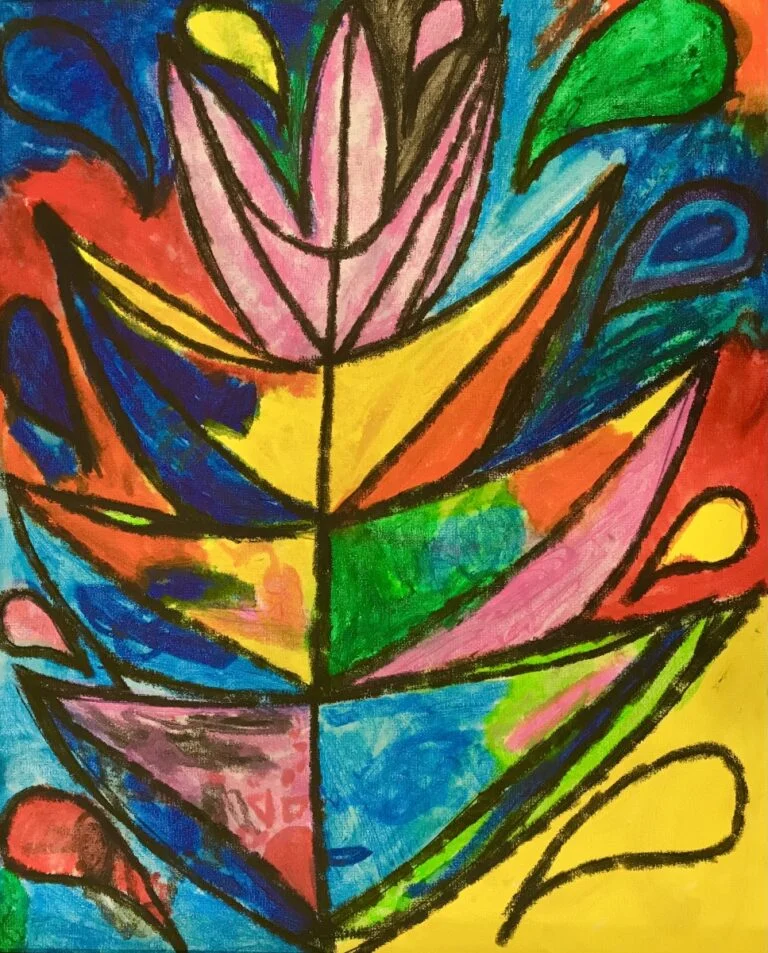 This painting is a vivid and colorful abstract representation that features a central leaf-like figure with multiple segments, each filled with a different color and pattern, creating a kaleidoscopic effect. The leaf is set against a backdrop of variously colored sections that contribute to the overall vibrancy of the composition. The artwork has a dynamic and lively appearance, with the bold black outlines of the leaf and its segments providing a strong visual contrast to the bright colors. This image could evoke a sense of nature's diversity and beauty, as well as the joy and playfulness inherent in the use of such bold and expressive colors.