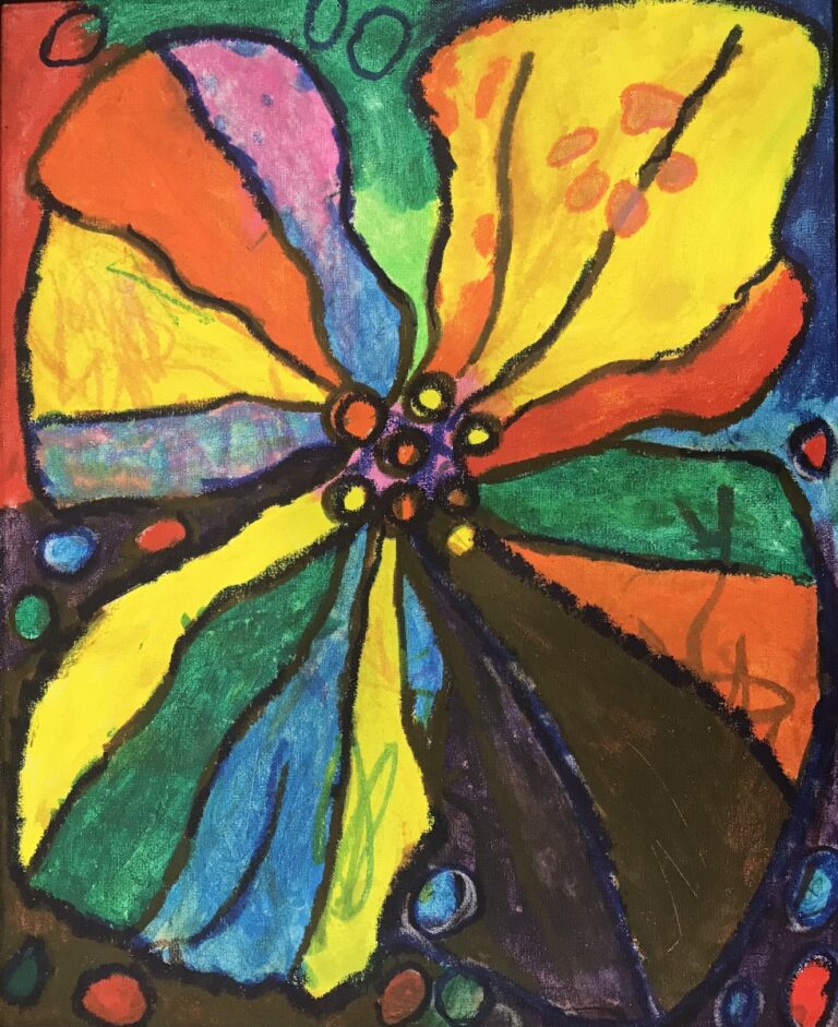 This painting depicts a vividly colored, abstract interpretation of a flower. The petals are rendered in bold, primary colors—yellows, oranges, blues, and greens—each separated by thick black lines that give the image a stained-glass or segmental appearance. The center of the flower features a cluster of circles or dots, suggesting the stamen and pistil, which are typically the reproductive parts of a flower. Around the flower, there are additional colorful dots and shapes set against a dark background, which could represent other flowers or elements in the background. The use of color is exuberant and playful, conveying a sense of growth and vitality commonly associated with flowers.