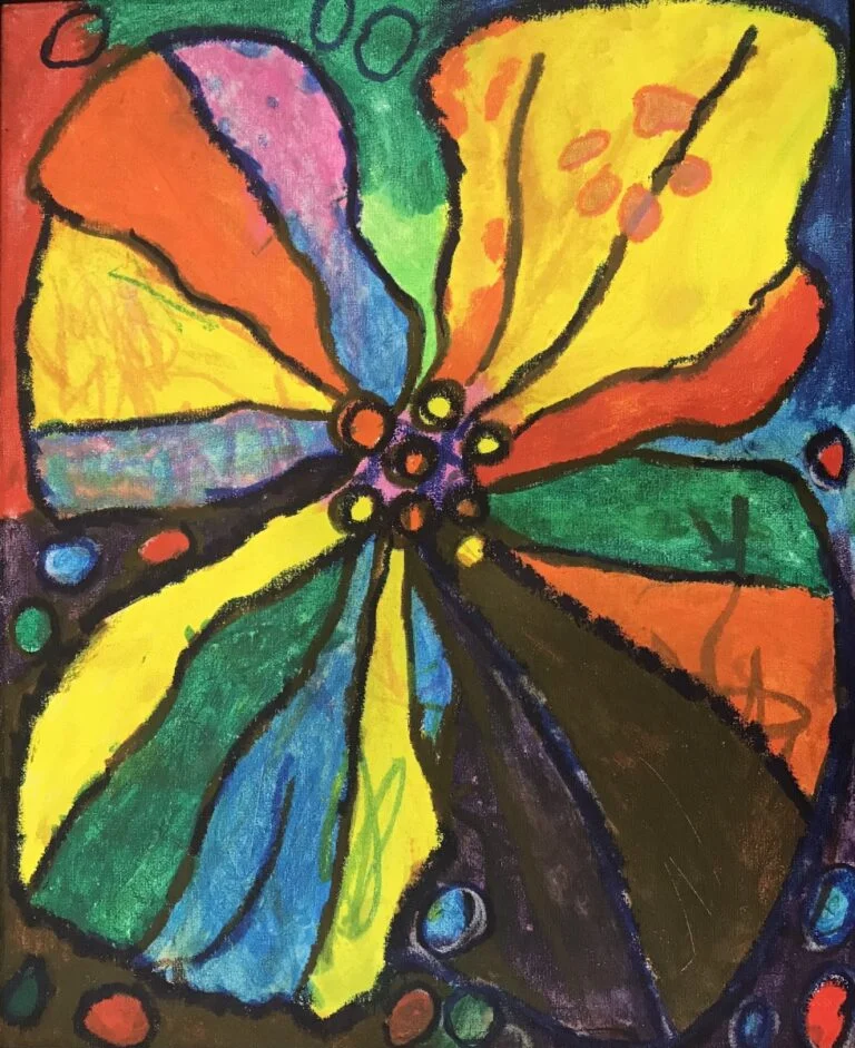 This painting depicts a vividly colored, abstract interpretation of a flower. The petals are rendered in bold, primary colors—yellows, oranges, blues, and greens—each separated by thick black lines that give the image a stained-glass or segmental appearance. The center of the flower features a cluster of circles or dots, suggesting the stamen and pistil, which are typically the reproductive parts of a flower. Around the flower, there are additional colorful dots and shapes set against a dark background, which could represent other flowers or elements in the background. The use of color is exuberant and playful, conveying a sense of growth and vitality commonly associated with flowers.