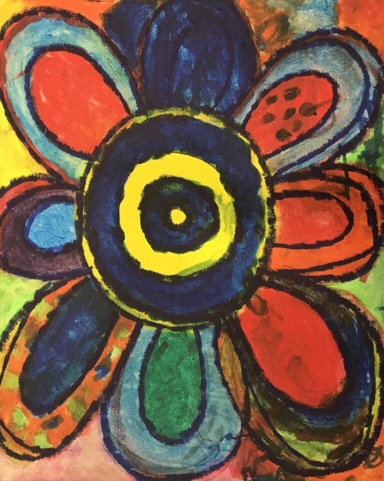 This painting is vibrant, abstract artwork that features a central circular motif, perhaps representing the core of a flower, in bold yellow and blue hues. Radiating from this central point are various large, colorful shapes and forms that resemble petals. These shapes are filled with an array of colors such as red, blue, orange, and green, and are outlined in black, giving them a distinct, bold look. The background consists of a mixture of warm colors that create a lively contrast with the cooler tones of the petals. The overall effect is reminiscent of a flower in full bloom, interpreted through a lens of abstract expressionism. The use of contrasting colors and bold outlines gives the painting a sense of energy and movement.