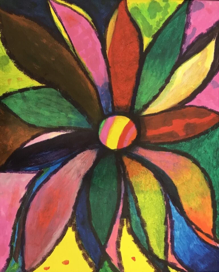 This painting depicts a stylized, colorful flower with a dynamic and expressive feel. The petals are individually colored with a variety of hues, including pink, red, yellow, green, and blue, each outlined in black to enhance their vibrancy and separation. The central part of the flower is a small, multicolored circle, suggesting the flower's core or stamen. The background is dark, which allows the bright colors of the petals to stand out prominently, giving the artwork a lively and eye-catching appearance. The playful use of color and bold outlines gives the painting a cheerful and somewhat whimsical quality.